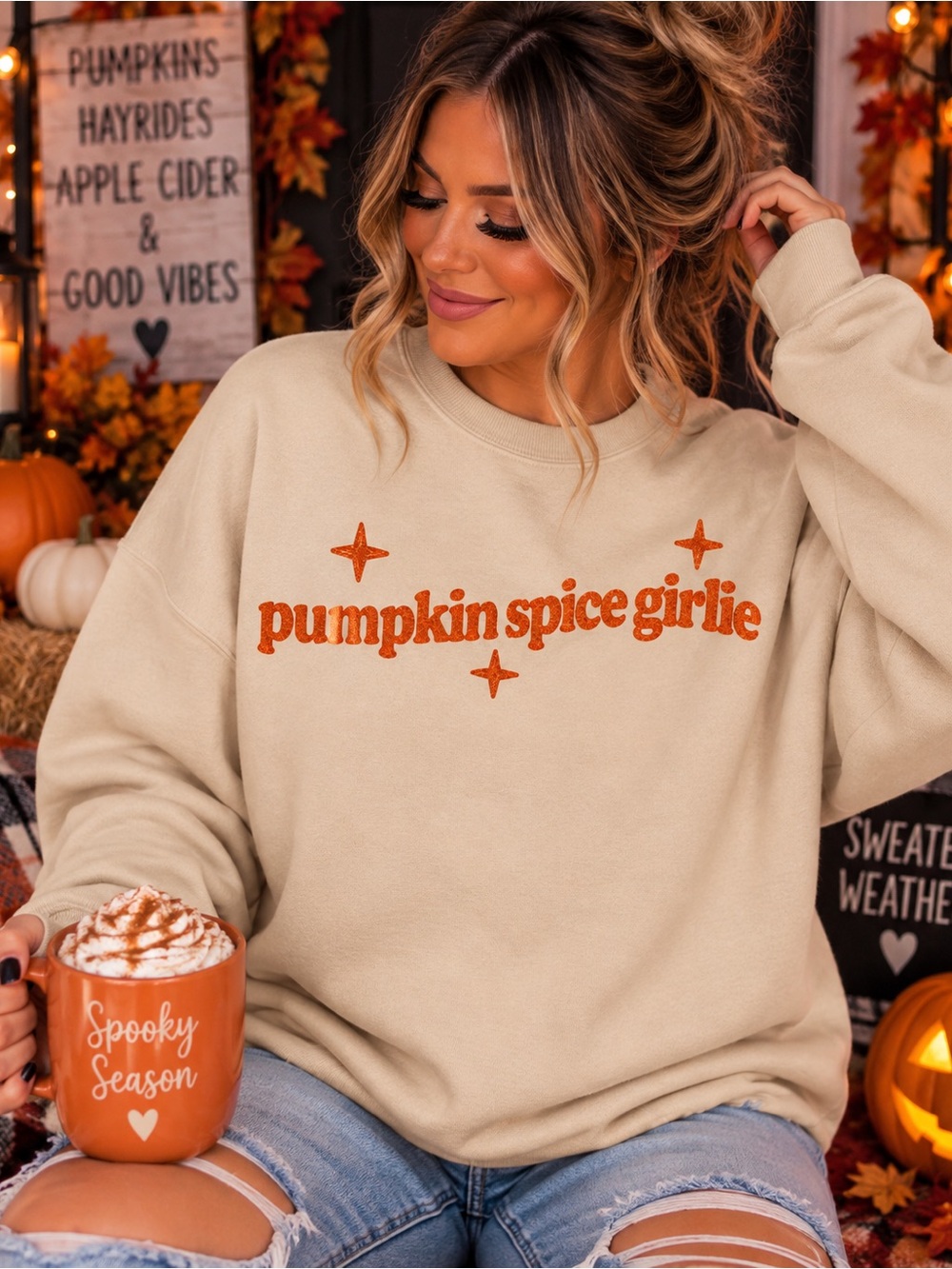 Pumpkin Spice Girlie Cream Sweater - Cozy Fall Crewneck